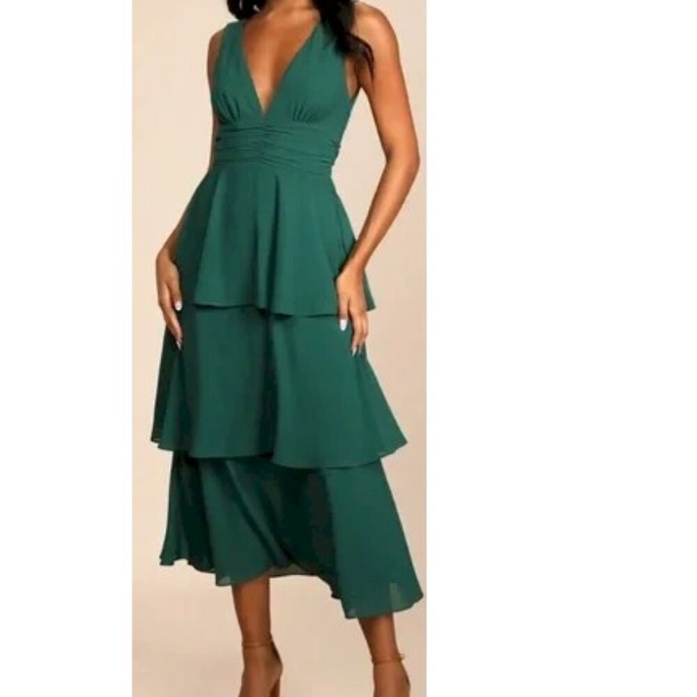 Lulus Celebration Time Emerald Green Sleeveless Tiered Midi Dress XXS NWOT